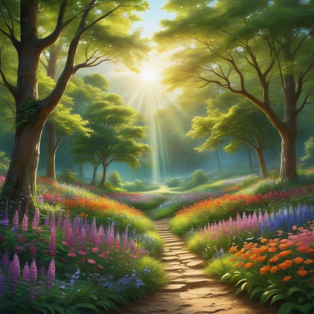 A serene landscape featuring a diverse choir of singers surrounded by nature, with vibrant flowers and sunlight streaming through trees. The choir members are joyfully singing, their expressions reflecting peace and healing, while musical notes visually float in the air, symbolizing uplifting melodies. The scene should evoke a sense of tranquility and nourishment for the soul. vibrant colors. super-realistic. nature-inspired.