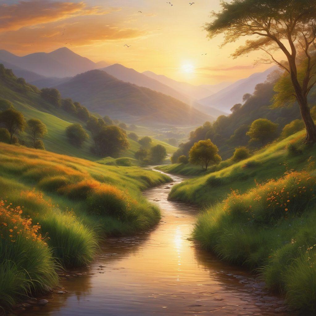 An ethereal landscape featuring a serene hillside with a lone figure raising their arms in worship, surrounded by soft, floating musical notes. The sky is painted in warm, golden hues of sunset, symbolizing hope and reflection. A gentle stream flows through the scene, representing the journey of faith. Add a backdrop of distant mountains and lush greenery. vibrant colors. painting.
