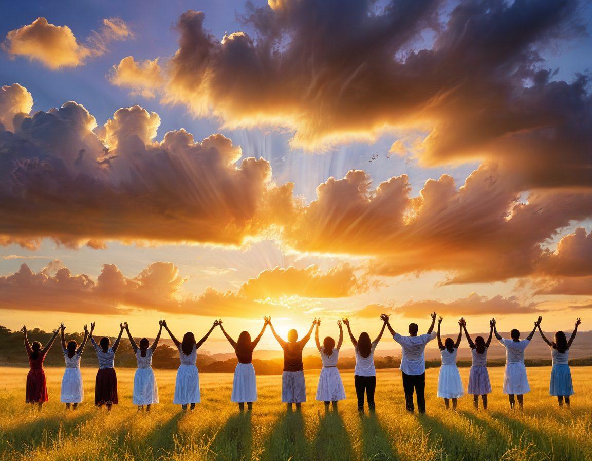 A serene and tranquil scene depicting an open field at sunset, where people are gathered in joyous worship, holding hands and raising their faces towards the sky. Soft golden light bathes their faces, symbolizing warmth and hope amidst the backdrop of gentle waves of sorrowful clouds. The atmosphere is filled with musical notes subtly floating in the air, representing the uplifting essence of worship. Emphasize a sense of peace and community in the image. super-realistic. vibrant colors. soft focus.